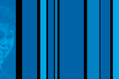 Blaue und schwarze Streife vertikal. In einer Farbfläche ist das Gesicht eines Kindes mit Lupe zu sehen.