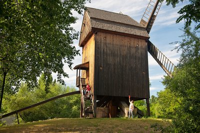 Die kastenförmige, vierflügelige Bockwindmühle im Museumspark. Sie ruht als Ganzes auf dem drehbaren Bock, der ihr den Namen gibt. 