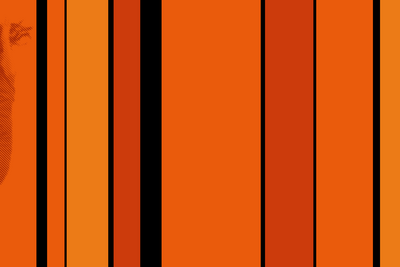 orangefarbene und schwarze vertikale Streifen, in einer Farbfläche ist ein springendes Mädchen zu sehen.