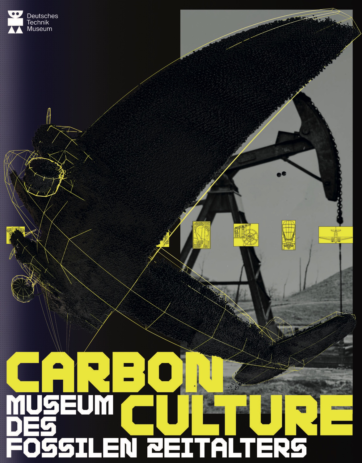 Cover der Publikation "Carbon Culture.Museum des fossilen Zeitalters" mit 3D-Modell eines Flugzeugs und Ölförderpumpe im Hintergrund.